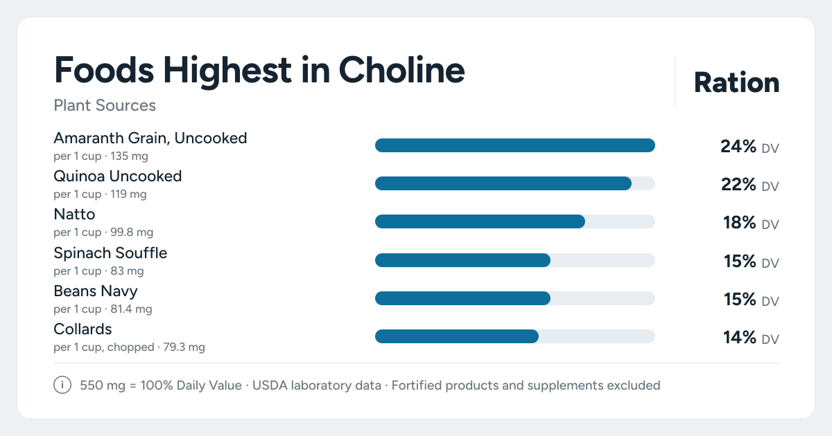 Bar chart ranking the plant foods highest in Choline per serving, as a percent of the daily target